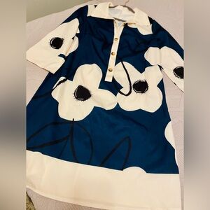 Floral Blue and White Dress with Button Detail